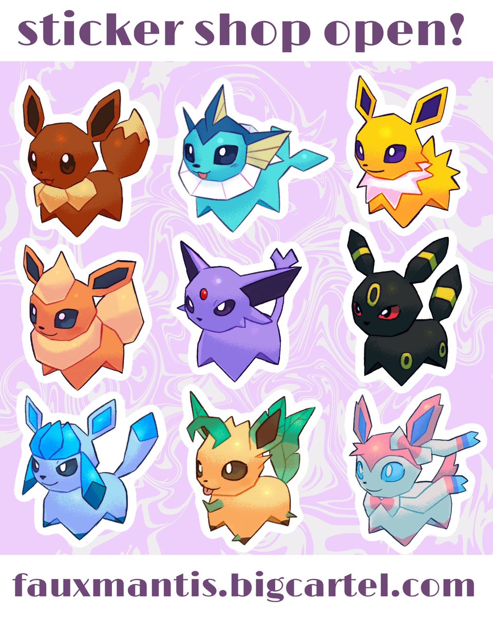my sticker shop is finally open! get your own low poly eevelutions at the link below <3
international shipping available!