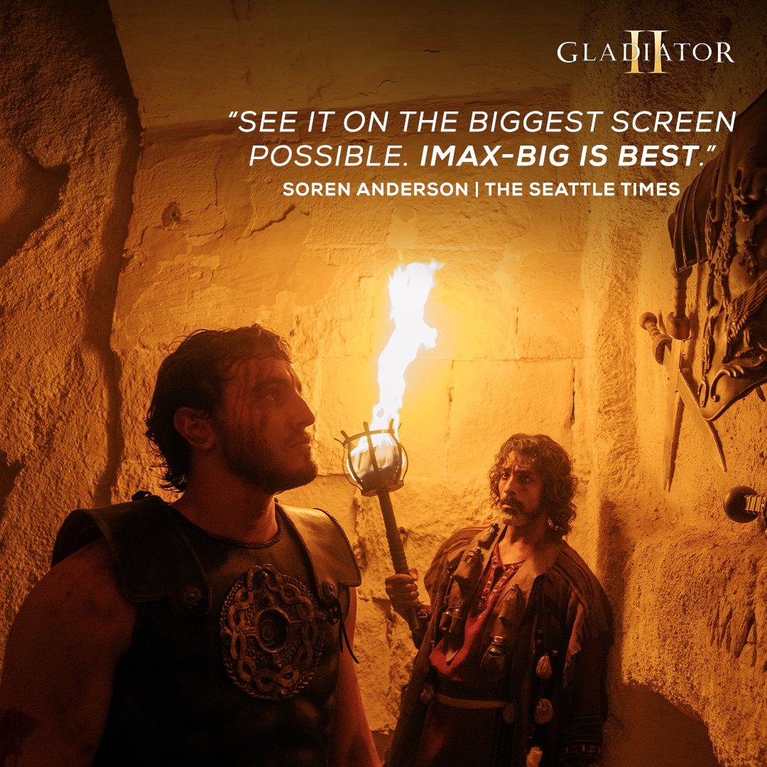 IMAX's tweet photo. With reviews like this, there's only one way to experience #GladiatorII. 😏 Get IMAX tickets for November 22 now: https://t.co/AtQTZwN6Ta https://t.co/WWsBmIYODo