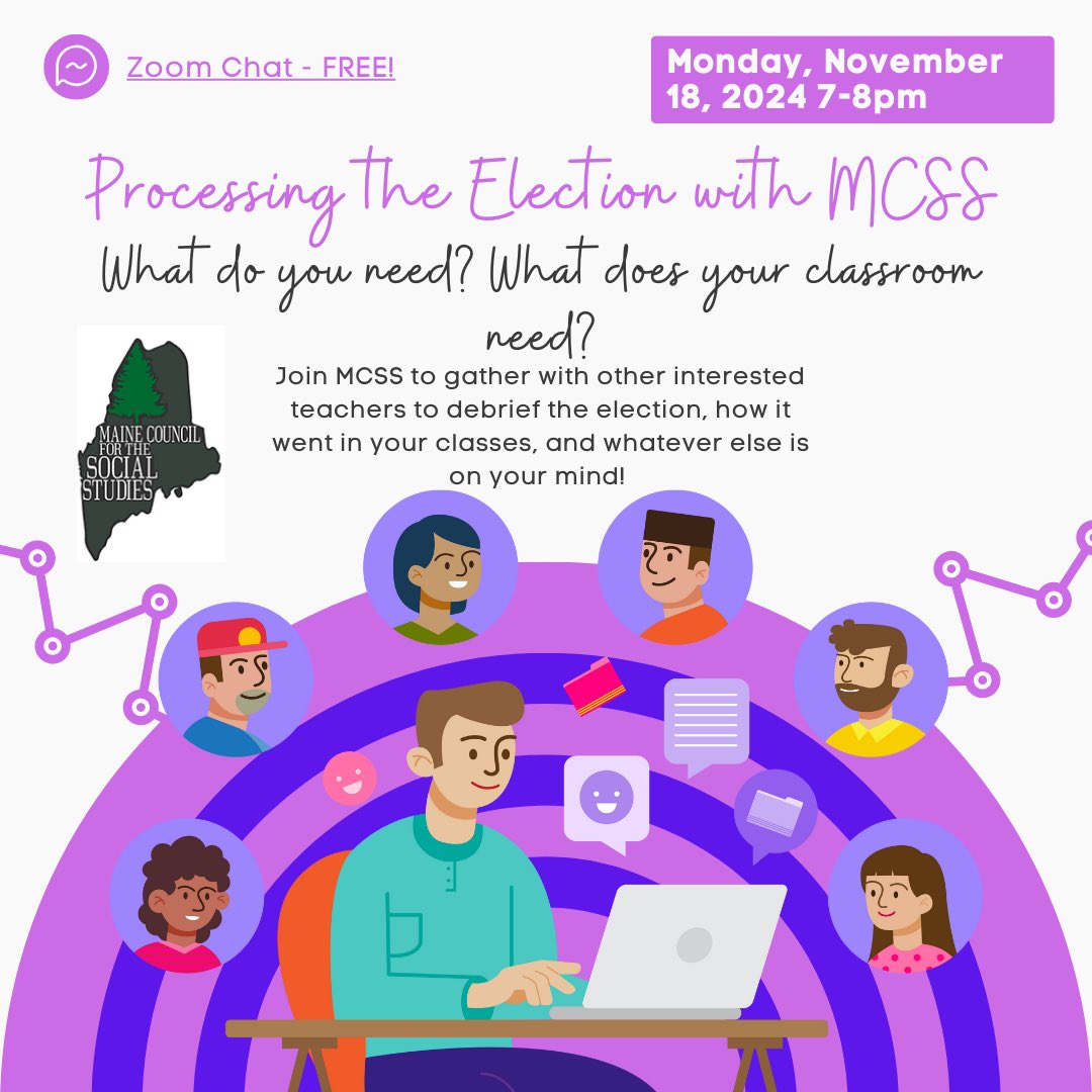 MaineCSS's tweet image. Join us Monday, November 18 via Zoom to debrief the election, how are you classes doing, and whatever else is on your mind. Free but registration is required. 
mainesocialstudies.org #socstudme #sschat