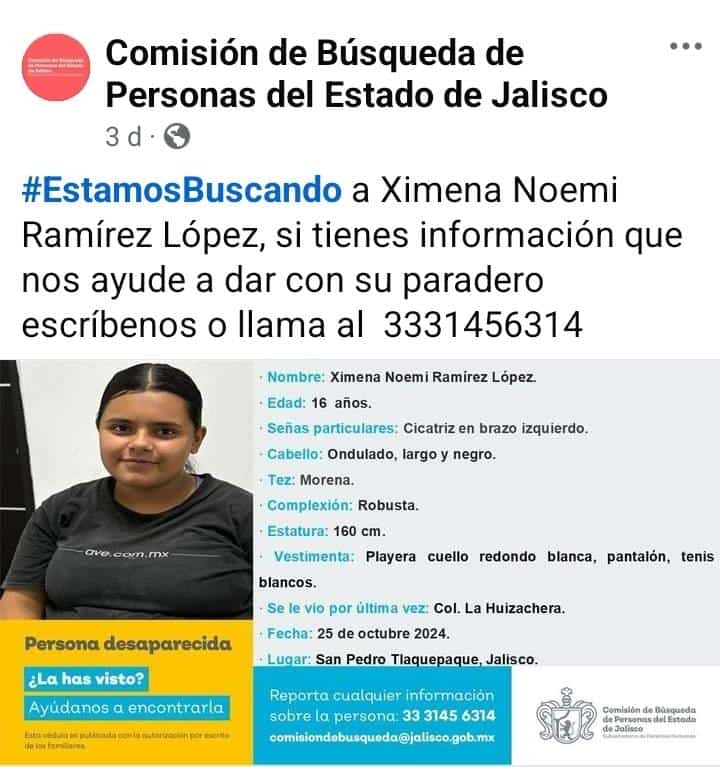 AlejandraVreal's tweet photo. #EstamosBuscando a Ximena Noemi Ramírez López, si tienes información que  nos ayude a dar con su paradero, escríbenos o llama al 3331456314
https://t.co/FQBiOAIHx0 https://t.co/I9t7nhr4wN