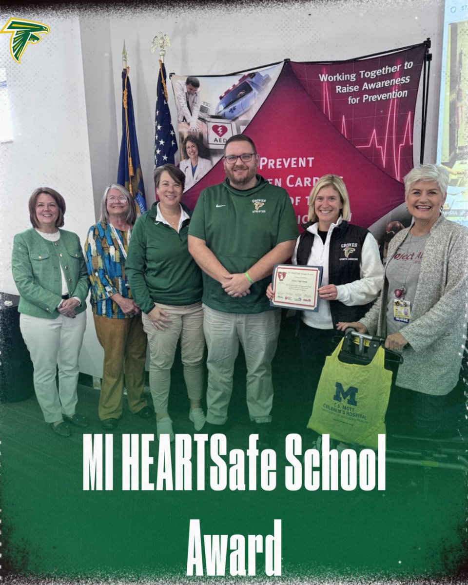 Thanks to the efforts of our dedicated athletic trainer, Kelly Salter, we are proud to announce that Groves High School has been awarded the MI HeartSafe School Award! #RiseUp

#MIHeartSafe #StudentSafety #FalconPride #ThankYouKelly