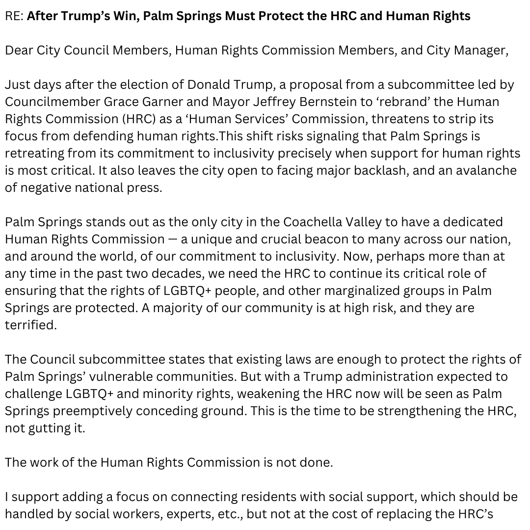 ScottNevins's tweet photo. My open letter in response to the Palm Springs City Council's planned vote to gut the Human Rights Commission days after Trump's election. https://t.co/inapvA0xRy