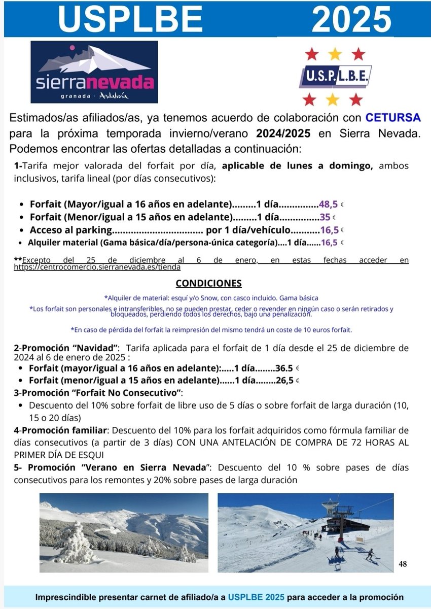 Buenas noches👮🏻‍♀️👮🏻.
¡¡Ya está próxima la temporada de esquí ⛷️⛷️!!
Un año más 𝙐𝙎𝙋𝙇𝘽𝙀 ha renovado acuerdo con 𝘾𝙀𝙏𝙐𝙍𝙎𝘼 para que sus afiliados/as puedan disfrutar de SIERRA NEVADA 🏔️🏔️❄️❄️
Más información en la imagen adjunta.
              𝙐𝙎𝙋𝙇𝘽𝙀, 𝘼𝙁𝙄𝙇𝙄𝘼𝙏𝙀
