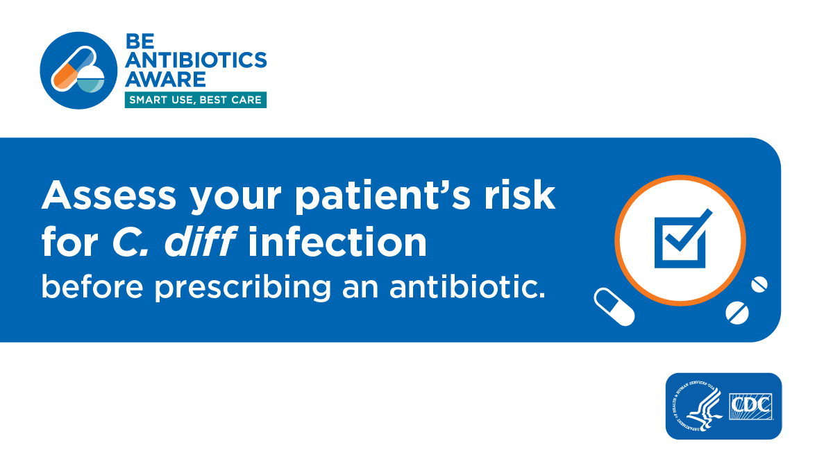 CDC_NCEZID's tweet photo. Healthcare Professionals: #Antibiotics are life-saving drugs, but their use increases your patient’s risk of #Cdiff infection—which can be life-threatening. This #CdiffAwarenessMonth and beyond, protect your patients from C. diff:  
https://t.co/8p1ukt7PVH https://t.co/tcRmhc583G