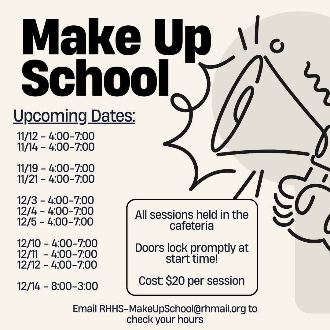 Make up school sessions begin today!  Notifications have been going out via Canvas messages to notify students that owe hours.