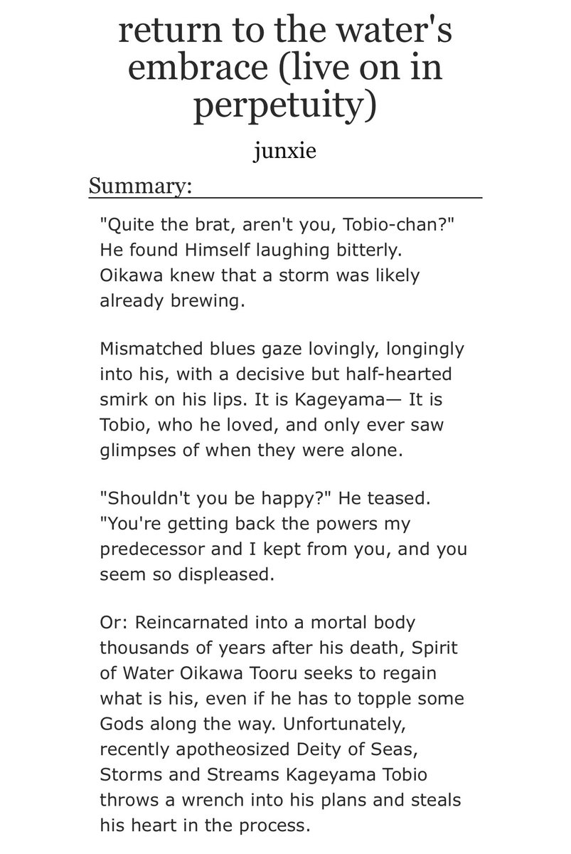 return to the water's embrace (live on in perpetuity)

── .✦ #oikage

... 7 part fic wherein oikawa tooru is a reincarnation and kageyama tobio is half of a whole, and the 500 years in between

⭑.ᐟ belated entry for <a href="/oikageweek/">Oikage Week 2025 🩵💙 prompts 📌</a> #oikageweek2024 

🔗: archiveofourown.org/works/60520699