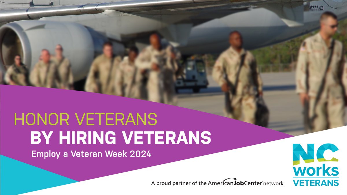 NCCommerce's tweet photo. We're celebrating #EmployAVeteranWeek! NC is home to nearly 800,000 veterans whose technical skills, work ethic, leadership and experience make them an invaluable part of our #NCWorkforce and #NCCommunities.
@NC_Governor's proclamation: https://t.co/W5jRvcNfU0 https://t.co/xqgcN5wc8u