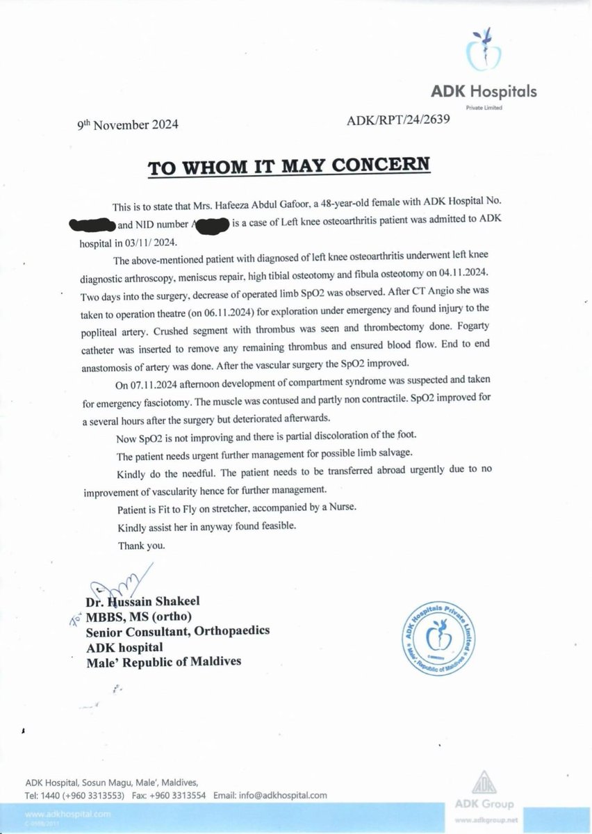 HKurusee's tweet photo. Dr. Hussain Shakeel is unfit to practice as a doctor.

Due to his negligence, the leg nerves were severed, nerves to the toes died. He kept this hidden and the family only found about it in India. The woman’s leg had to be amputated. 😢

You owe her compensation, @ADKNashid. https://t.co/LeNxyELAp3