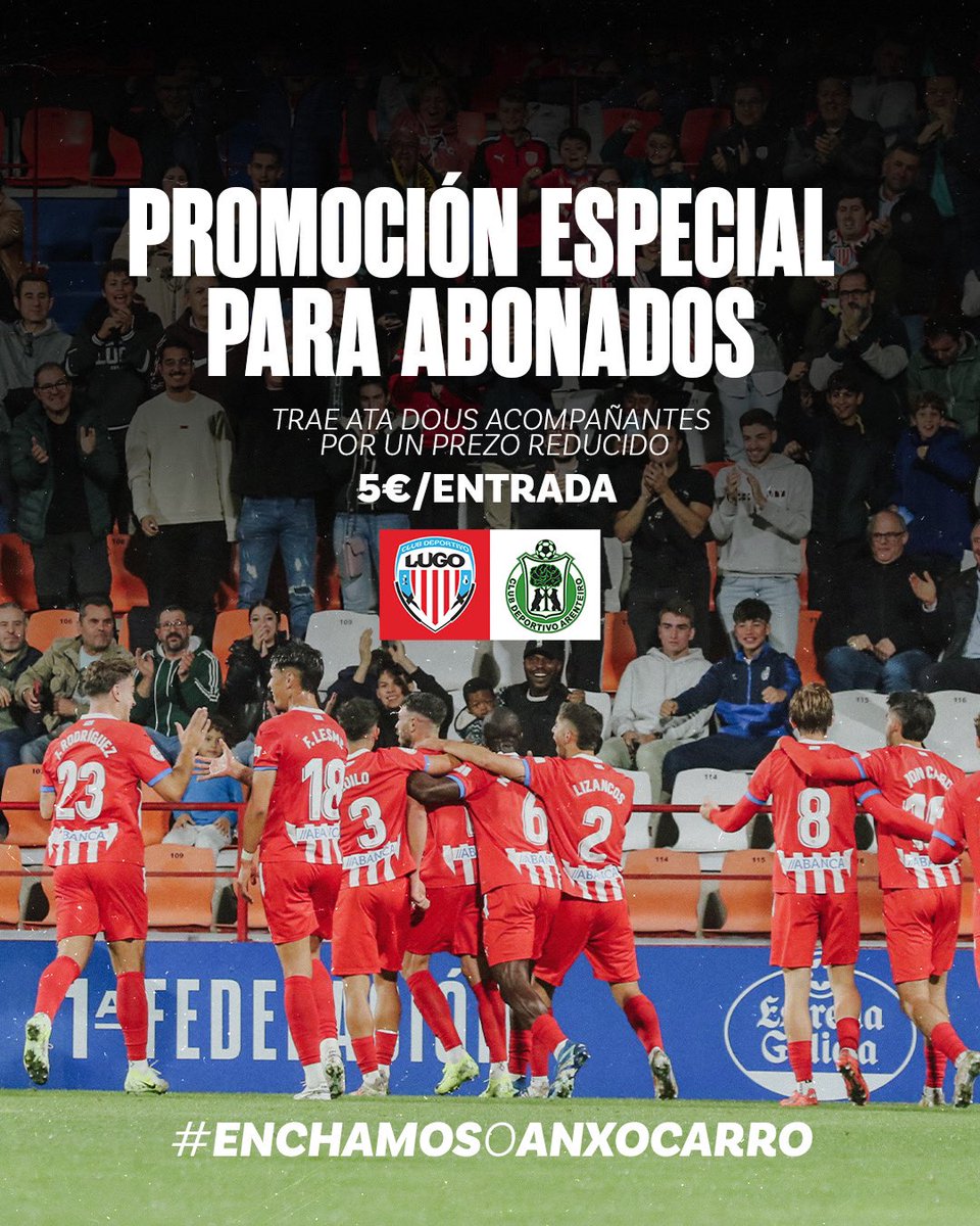 🪓 Este domingo 𝑬𝑵𝑪𝑯𝑨𝑴𝑶𝑺 𝑶 𝑨𝑵𝑿𝑶 𝑪𝑨𝑹𝑹𝑶!

🔝 Promoción especial para abonados: trae ata dous acompañantes por 𝟓 𝐞𝐮𝐫𝐨𝐬/𝐞𝐧𝐭𝐫𝐚𝐝𝐚! 

➕ℹ️ cdlugo.com/abierta-la-ven…

#EnchamosOAnxoCarro
#ForzaLugo