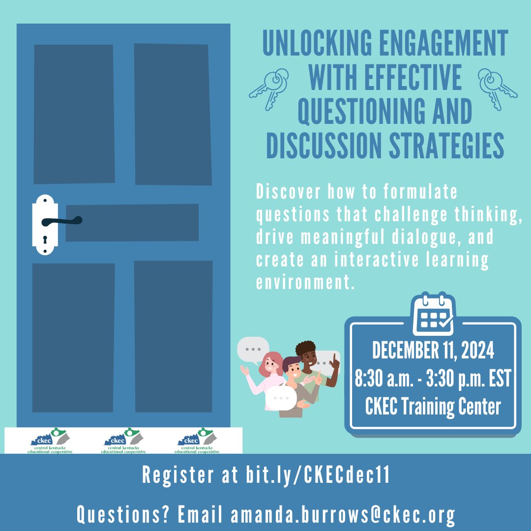 🔑Join us on December 11 for "Unlocking Engagement with Effective Questioning and Discussion Strategies." Learn how to spark deeper conversations through inquiry, boost student participation, and create an interactive learning environment. 🌟
🔗 bit.ly/CKECdec11
