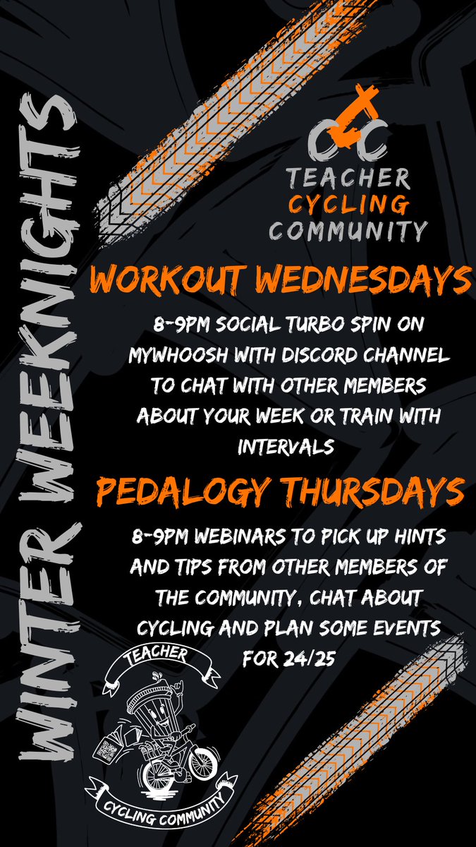 Check out the weeknight events for this week:
teachercycling.com/member-events
Soon your legs and chat the dark evening away with like minded cyclists and teachers