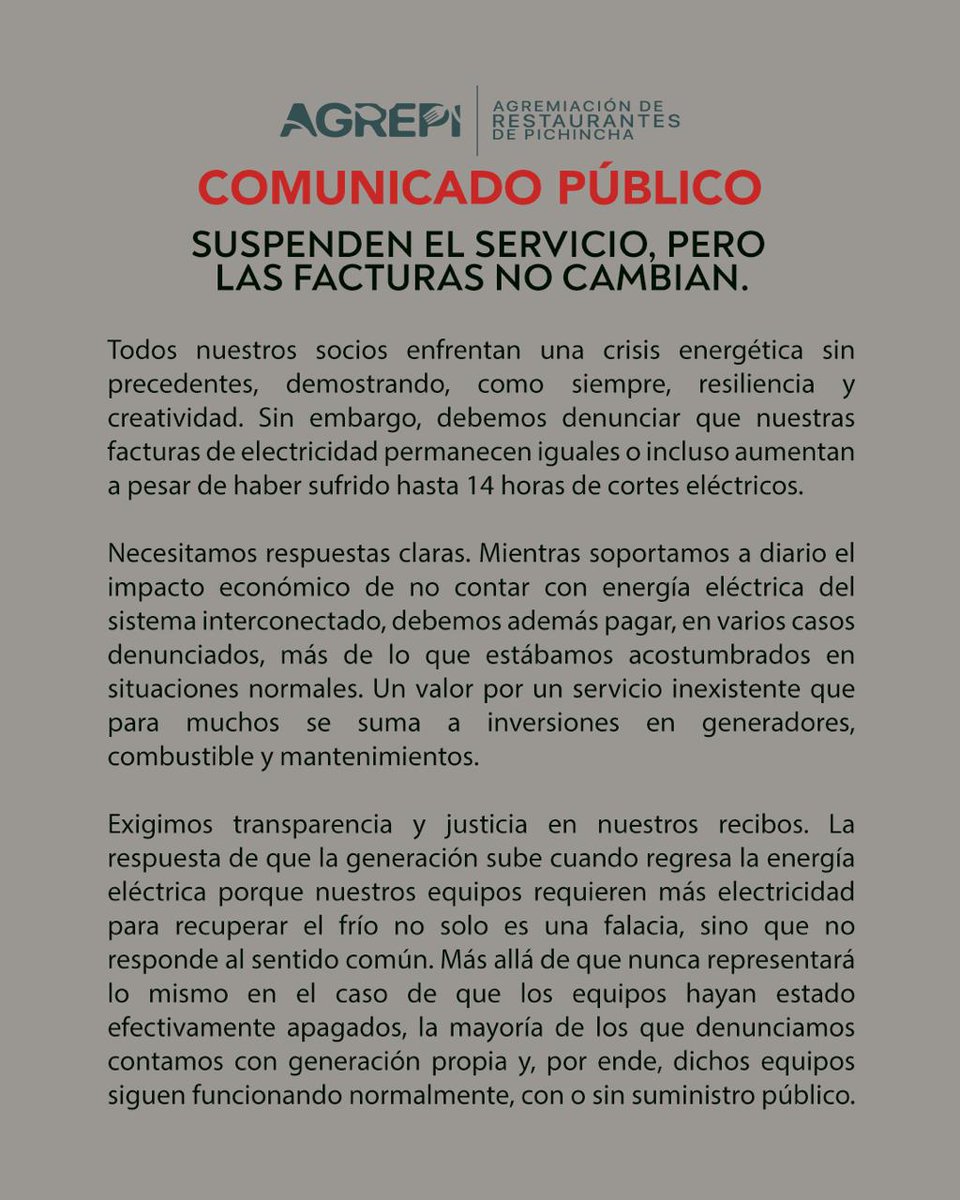 Ante la cantidad de quejas que hemos recibido de nuestros socios sobre la facturación del servicio eléctrico a pesar de los apagones <a href="/DanielNoboaOk/">Daniel Noboa Azin</a> <a href="/ElectricaQuito/">Empresa Eléctrica Quito</a> <a href="/TurismoEc/">Viceministerio de Turismo Ecuador 🇪🇨</a> @RecNaturalesEC <a href="/mateoestrella/">Mateo Estrella</a> <a href="/AsoCervEc/">Asocerv</a> <a href="/asorestguayas/">AsoRestGuayas</a> <a href="/fenacapturec/">FENACAPTUR</a> <a href="/CAPTURPICHINCHA/">CAPTUR Pichincha</a>