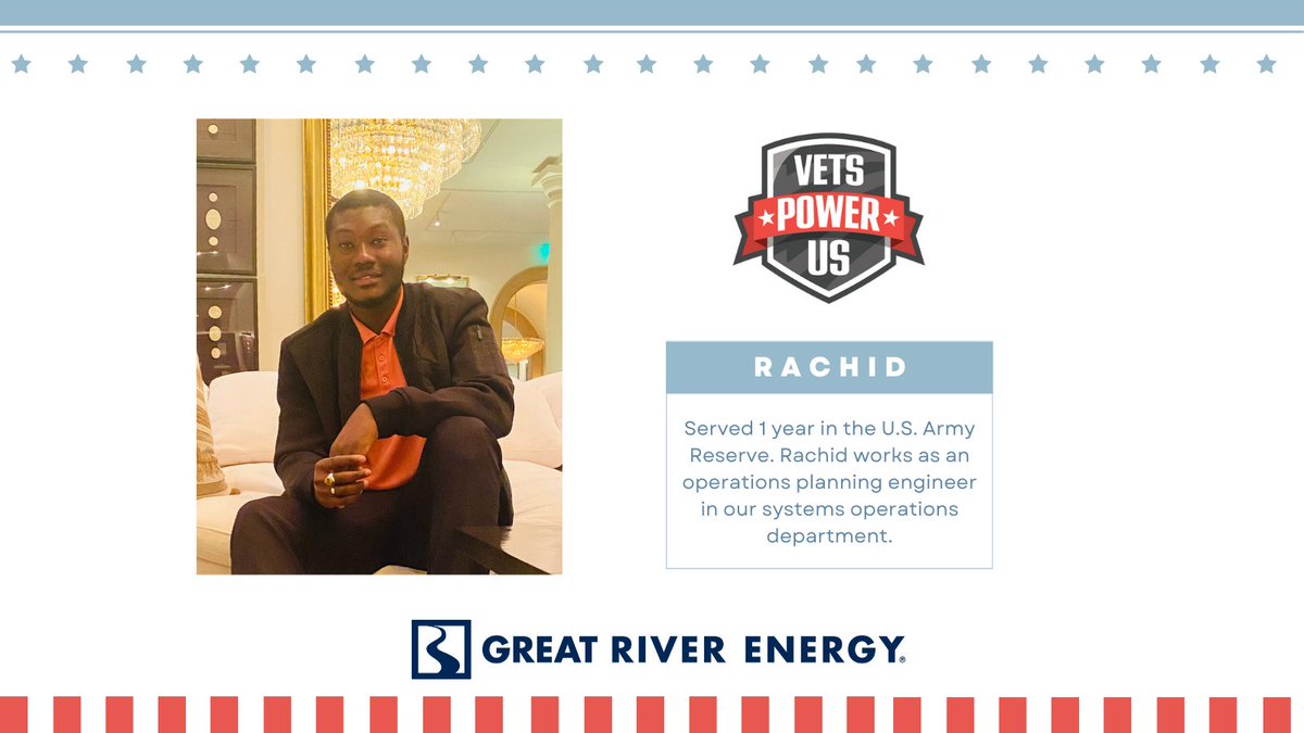 GREnergyNews's tweet photo. This week, in honor of Veterans Day, weβre showcasing a few of Great River Energyβs employees who have served in the military. Meet Rachid who served in the United States Army Reserve. Thank you for your service, Rachid! #VetsPowerUs ππΊπΈ https://t.co/1Ntk1f7zB0