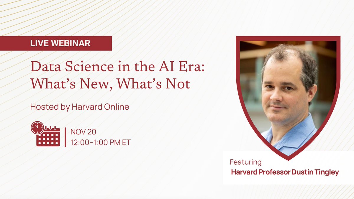 HKS Executive Education (@hksexeced) on Twitter photo Join @harvardonline and Harvard Kennedy School professor <a href="/dustintingley/">Dustin Tingley</a> in "Data Science in the AI Era: What’s New, What’s Not", a live Zoom webinar on Nov. 20.
Enroll in any Harvard on Digital course by Nov 15. to get your registration link! Learn more: bit.ly/4epimUh Join @harvardonline and Harvard Kennedy School professor <a href="/dustintingley/">Dustin Tingley</a> in "Data Science in the AI Era: What’s New, What’s Not", a live Zoom webinar on Nov. 20.
Enroll in any Harvard on Digital course by Nov 15. to get your registration link! Learn more: bit.ly/4epimUh