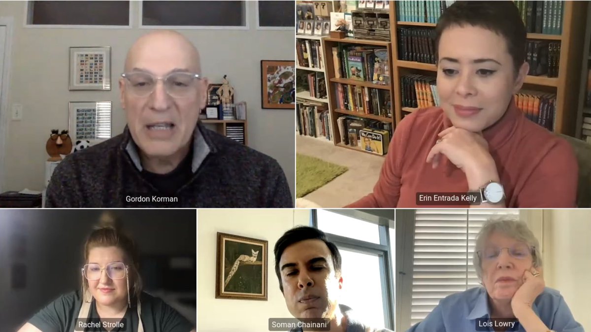 Bookopolis's tweet photo. Hearing from authors is the BEST! I can't wait to read all of these books. Thank you @erinentrada @gordonkorman @SomanChainani @LoisLowryWriter @sljournal @HarperStacks #keepkidsreading #authorsrule #mglit (Did my best with a screenshot - you're all gorgeous!) https://t.co/MxystE1Ht5