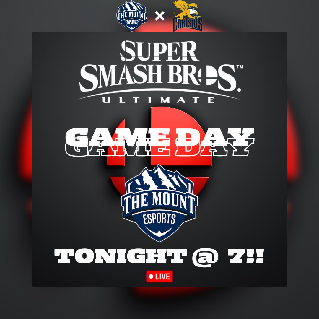 Mount Esports (@esportsmount) on Twitter photo Our Smash Bros team is going against <a href="/GriffsEsports/">Canisius Esports</a> tonight at 7pm on twitch.tv/mountesports Our Smash Bros team is going against <a href="/GriffsEsports/">Canisius Esports</a> tonight at 7pm on twitch.tv/mountesports