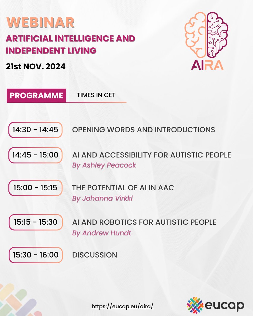 On 21st November, the <a href="/EUCAP_autism/">European Council of Autistic People</a>’s AIRA project will present the first in a series of exciting webinars on themes involving Artificial Intelligence and autistic people’s rights.  Info and registration (it's free): eucap.eu/aira/#webinars