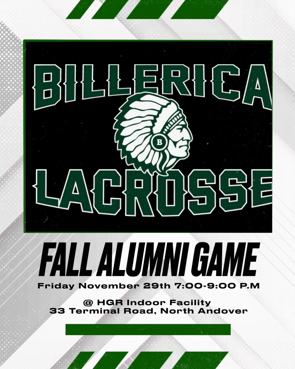 LaxBillerica's tweet photo. Calling Billerica Boy's Lax Alumni.  Going to have an alumni game the Friday after thanksgiving.  Details below!    All alumni welcome, if interested in playing please fill out this google sheet.

https://t.co/ErOEuByc6T https://t.co/BD9813FT9b