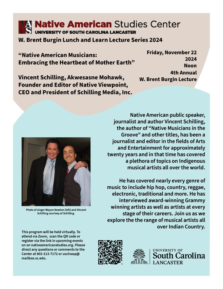 Native American Studies Center (USCL) (@usclnasc) on Twitter photo Weāre pleased to virtually welcome Founder and Editor of Native Viewpoint, CEO and President of Schilling Media, Inc. <a href="/VinceSchilling/">Vincent Schilling</a> Schilling (Akwesasne Mohawk) back for our November Lunch and Learn!
Register for the virtual lecture via this link: bit.ly/3BfCH0w Weāre pleased to virtually welcome Founder and Editor of Native Viewpoint, CEO and President of Schilling Media, Inc. <a href="/VinceSchilling/">Vincent Schilling</a> Schilling (Akwesasne Mohawk) back for our November Lunch and Learn!
Register for the virtual lecture via this link: bit.ly/3BfCH0w