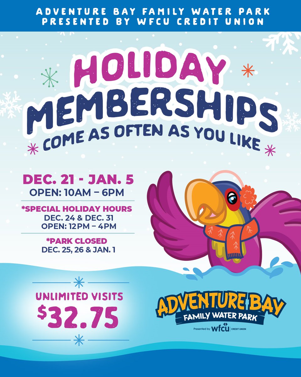 Looking for a perfect stocking stuffer?
Adventure Bay is offering Holiday membership passes for $32.75 which have unlimited access from Dec. 21 to Jan. 5. The park will be closed on Dec. 25, 26 and January 1. Passes must be purchased in person at the front desk of Adventure Bay.