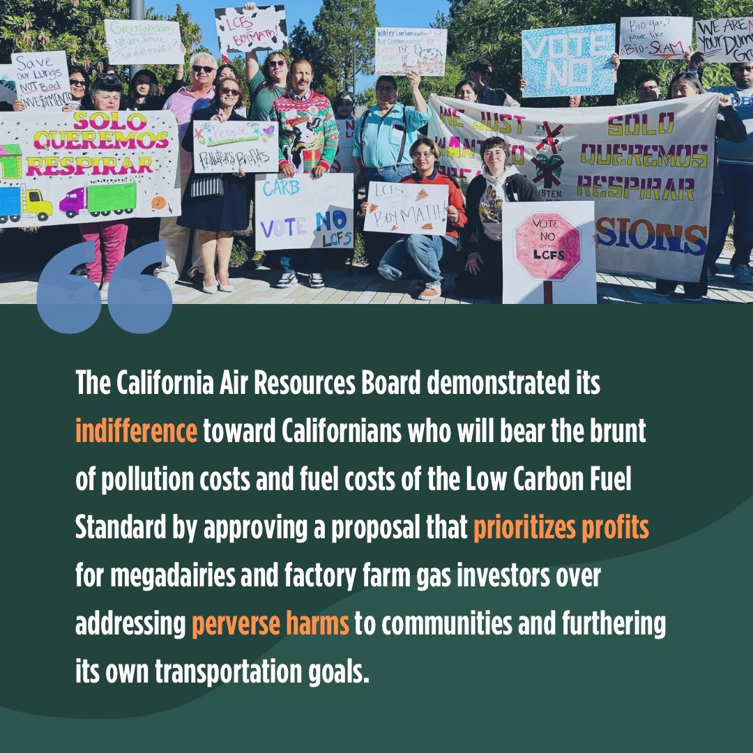The <a href="/AirResources/">CARB</a> Board’s approval of staff’s harmful approach to the #LCFS will push more industrial dairies to produce more methane at an accelerated pace, contributing to air and water pollution in communities throughout the #SanJoaquinValley.