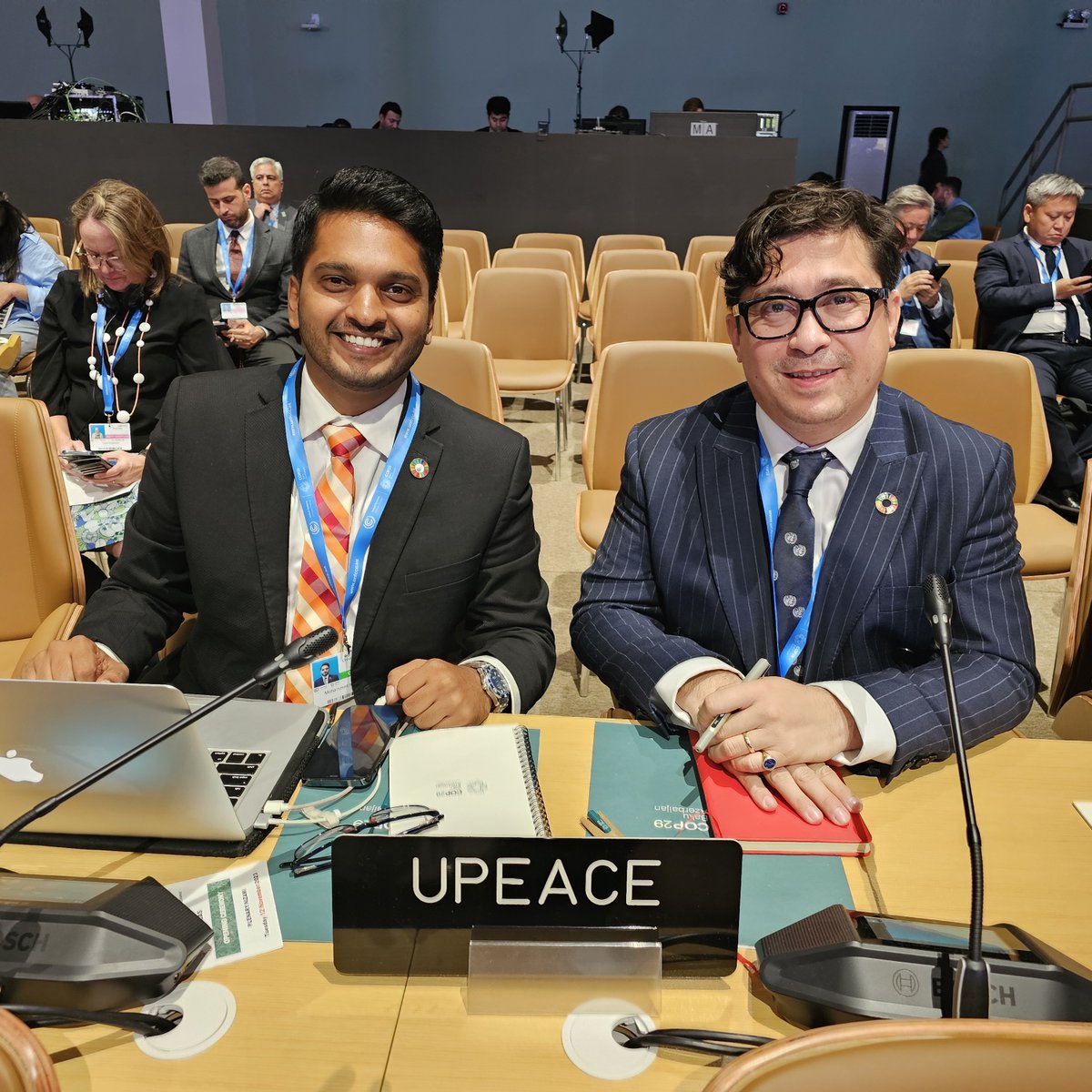 UPEACE's tweet photo. Proud to see UPEACE represented at @COP29_AZ in #Baku by our alumni Juan Davilla and @IrfanPullani! 🇦🇿💚

Drawing on their UPEACE education, they're actively promoting environmental sustainability and peacebuilding in discussions with 🇺🇳 agencies and member states on peace, education, and sustainability. 🌍

#COP29 #Azerbaijan #ClimateAction #Peacebuilding #Sustainability #Baku