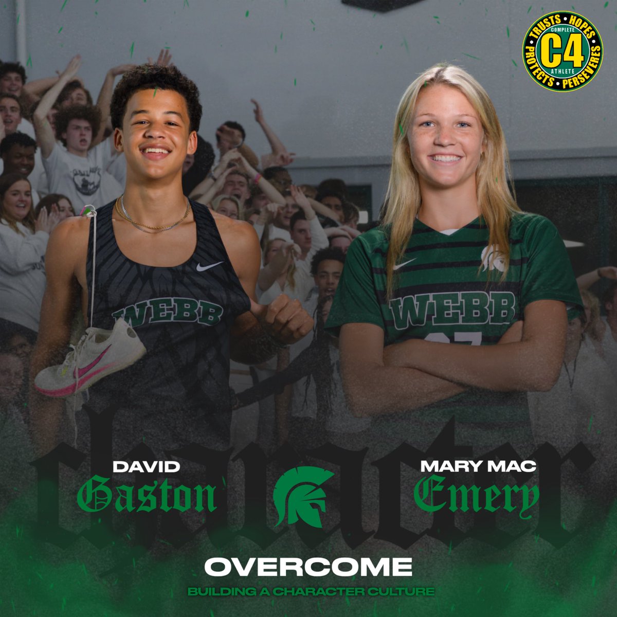 Webb Athletics partnered with Cross Training Athletics to promote the character contributions athletes make to their teams.

This week’s trait is 𝑶𝒗𝒆𝒓𝒄𝒐𝒎𝒆.

Congratulations to our recipients:
• David Gaston (Cross Country)
• Mary Mac Emery (Soccer)

#GoSpartans ⚔️🟢⚪️