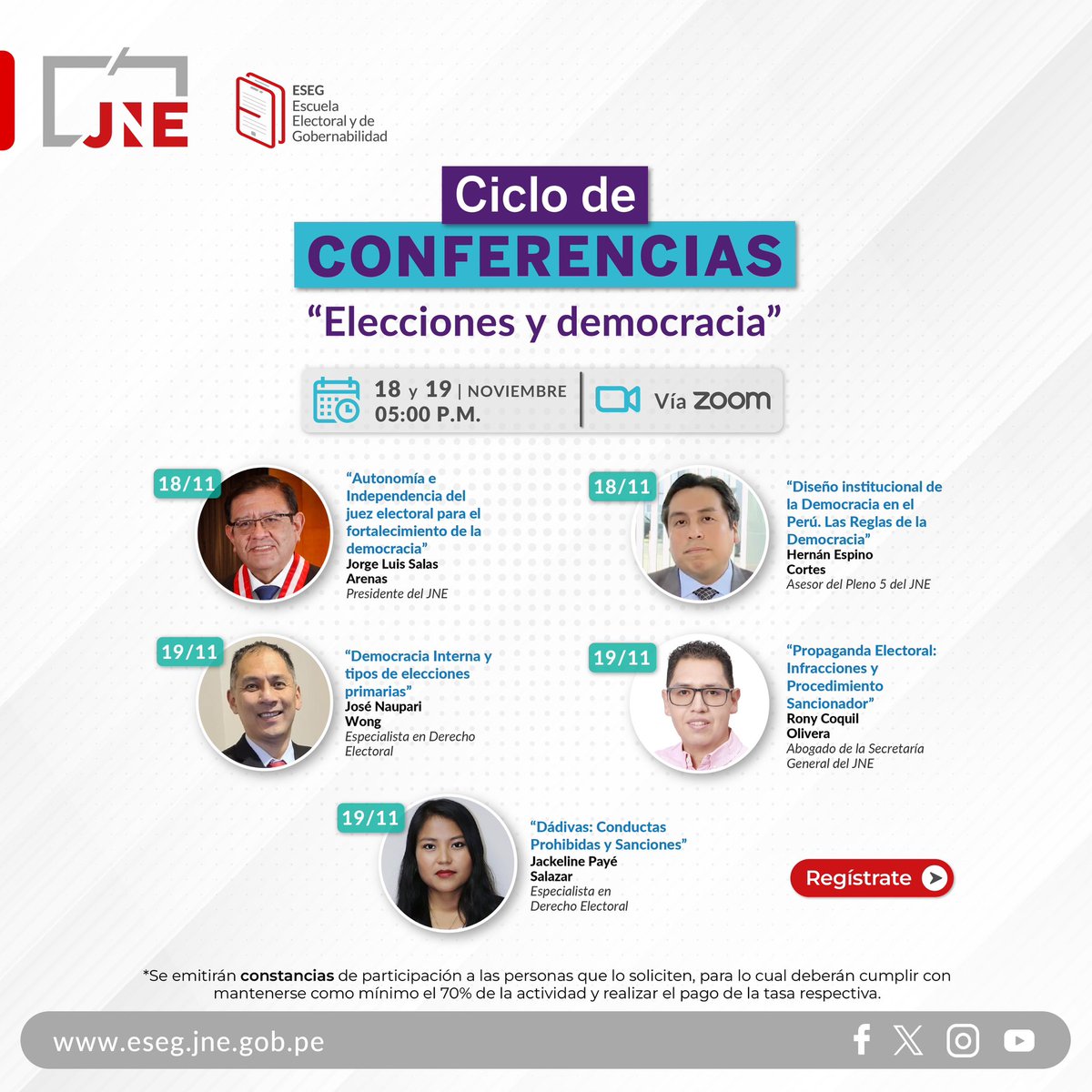 📌 Únete y participa de forma virtual, del Ciclo de Conferencias “Elecciones y democracia”. Sé parte de esta actividad gratuita en sus dos fechas. 
🗓️ Fecha: 18 y 19 de noviembre 
⏰ Hora: 17:00 (PE)
🔗 Inscripciones aquí: tinyurl.com/27868wzy