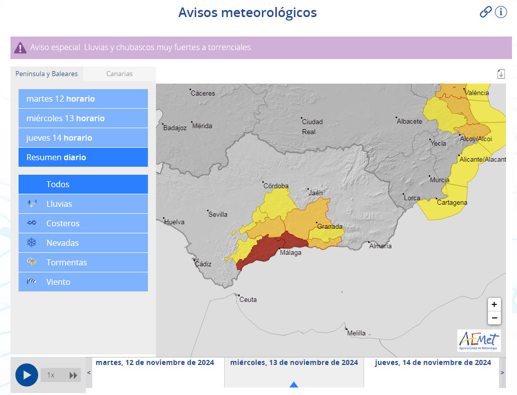 Aviso rojo activado para mañana miércoles en las comarcas malagueñas de Sol-Guadalhorce y Axarquía por previsión de superación de 120 mm en 12 horas. Otras comarcas colindantes actualmente en aviso naraja o amarillo. Atención a la actualización de avisos: aemet.es/es/eltiempo/pr…