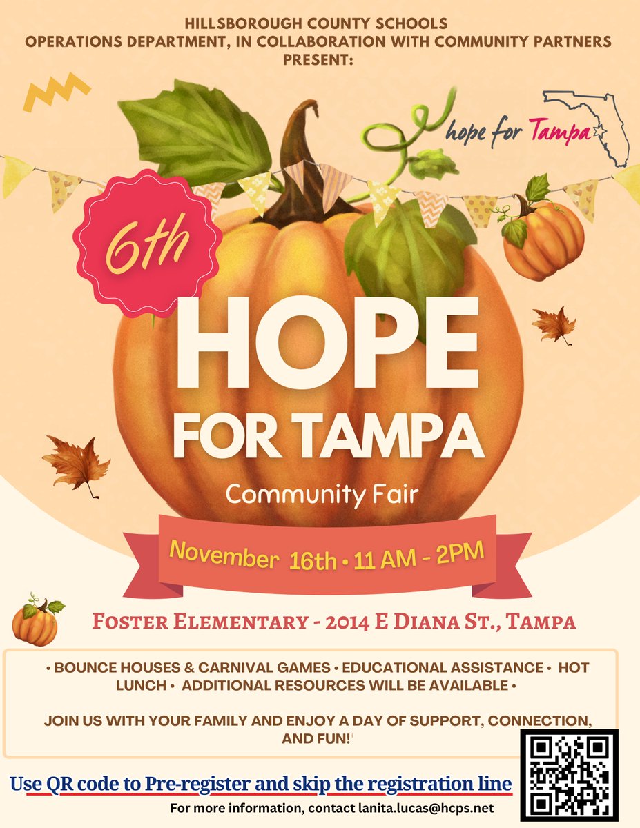 Join Idlewild as we once again partner with Hillsborough County Public Schools to host the 6th Hope for Tampa Community Fair at Foster Elementary from 11 a.m. to 2 p.m. on Saturday, November 16th.
Want to volunteer? Click the link in our bio!
