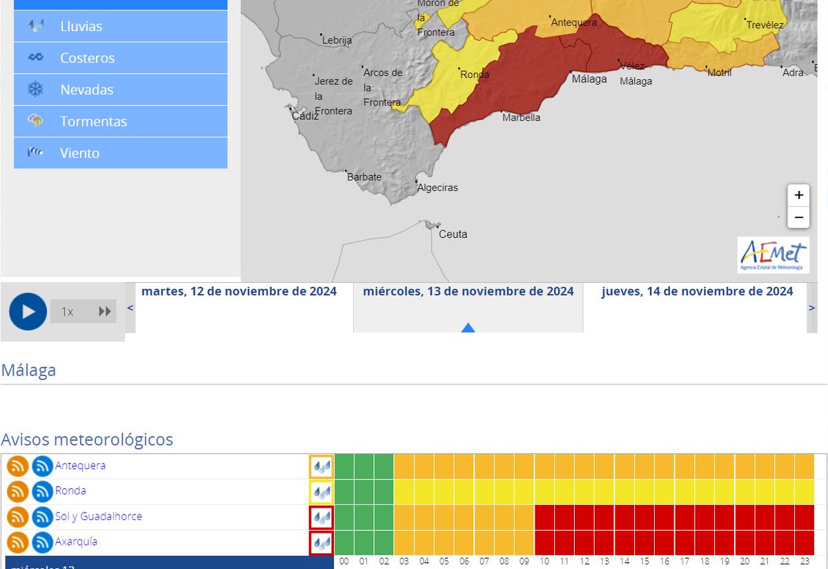 🔴Pasa a rojo - riesgo extremo- el aviso por 🌧️ en Málaga capital, Sol y Guadalhorce y Axarquía. 
Medidas:
➡️Desalojos en puntos de #RiberadelGuadalhorce en Álora, Cártama, Alhaurín de la Torre, Pizarra y Málaga. 
➡️Suspendidas clases y centros de día, discapacidad y dependientes