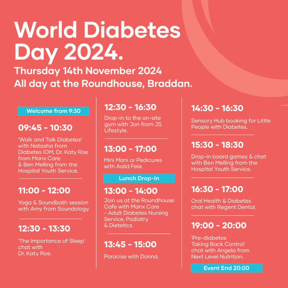 DiabetesIOM's tweet photo. Here’s the full agenda for our World Diabetes Day Wellbeing Event at The Roundhouse THIS Thursday 14th November.

Head to https://t.co/Oc5xDj80fm to read more about the different activities &amp; to book a ticket! https://t.co/QfYND9GLRT