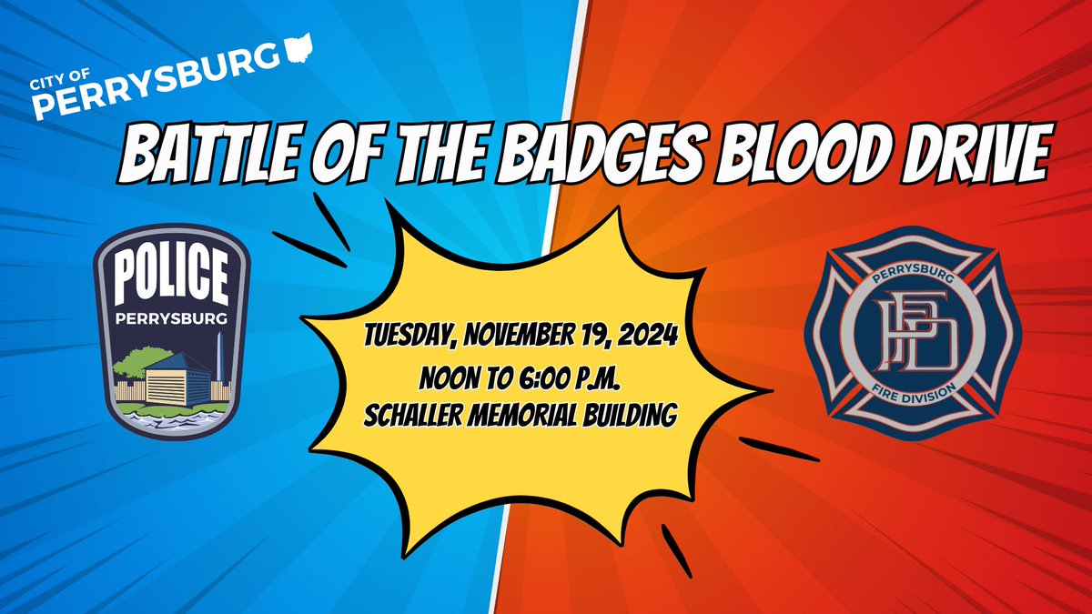 We are one week away from our Battle of the Badges Blood Drive with @perrysburgfire on Tuesday, Nov. 19th! You must register online at redcrossblood.org 🩸 We have a goal of getting 51 donors-- so far we have 18 more spots to fill! #battleofthebadges #donateblood