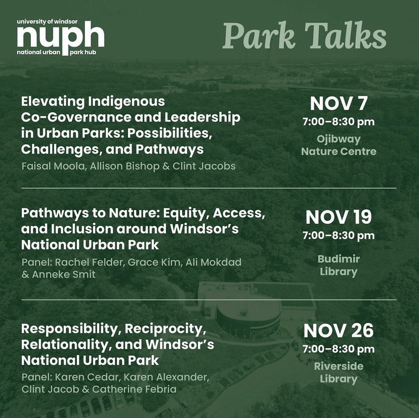 Thank you all who attended and participated in Park Talks led  by Prof Clint Jacobs, Dr. Faisal Moola &amp; Allison Bishop who explored the possibilities, challenges &amp; pathways for indigenous leadership in urban park governance.

Join us for pt2 on Nov 19th:
uwnuph.ca/event/2024-11-…