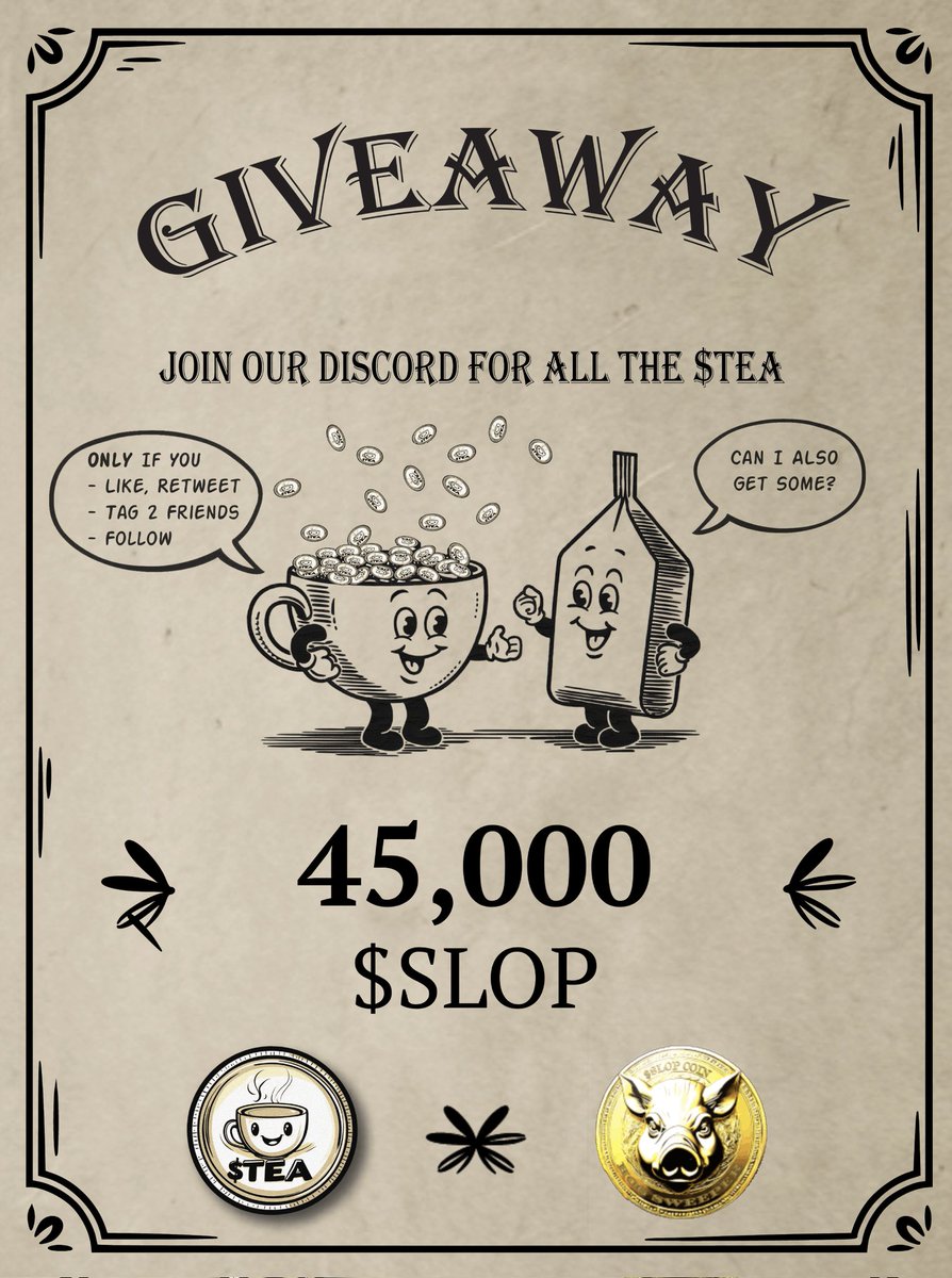 🚨 GIVEAWAY 🚨
We are excited to announce our drip partnership with <a href="/TeatokenAda/">teatoken</a>! To celebrate, we both will run giveaways.    

🎁Our Prize: 45k $SLOP

How to enter:
1️⃣ Follow
2️⃣ Like, Retweet
3️⃣ Tag 2 Friends

discord.gg/RMKwuRssgK

discord.gg/ZeM4sXjRH7