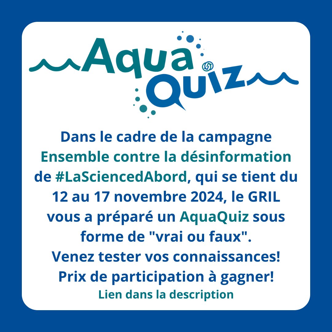 Un petit quiz❔✔️
bit.ly/aquaquizGRIL

#LaSciencedAbord <a href="/LaScienceDAbord/">LaSciencedAbord</a> <a href="/environnementca/">Environnement Canada</a> <a href="/EnvironnementQc/">Environnement Québec</a> <a href="/FRQ_NT/">FRQ - secteur Nature et technologies</a> #communautéfrq <a href="/RNCREQ/">RNCREQ</a> @eaurobvq