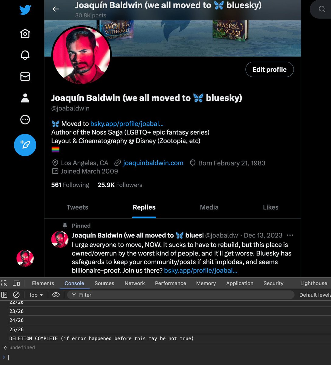 I just finished running a script that deleted all my tweets, except for the very last ones about how to move to the other place. To all 26,000 of you who follow me (who aren't elonbots), I'd recommend you download your archive, then delete all, and go find us elsewhere.