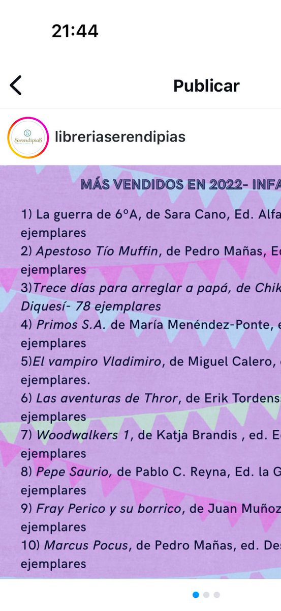 Qué alegría me ha dado ver Primos S.A, de @smlibros_es, en el cuarto puesto de los libros más vendidos en @libreriaserendipias! 🎊🎉💃🥳