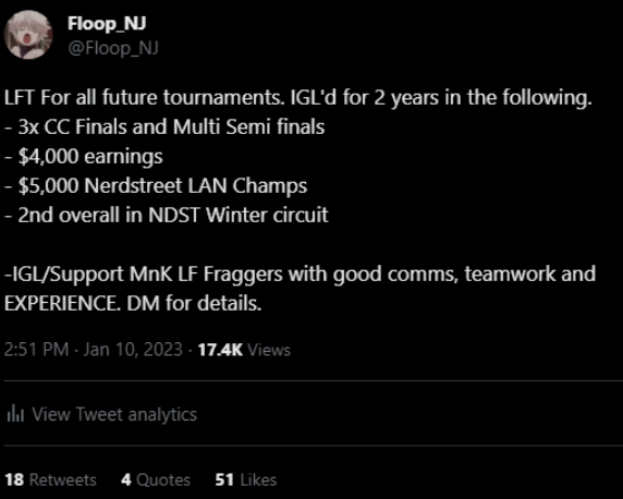 @GioMenez  and I are LF1 for BLGS. 

Multiple finals - Both won Nerdstreet LAN together

Bring the vibes, dont be boring (Most important).

Need a shooter