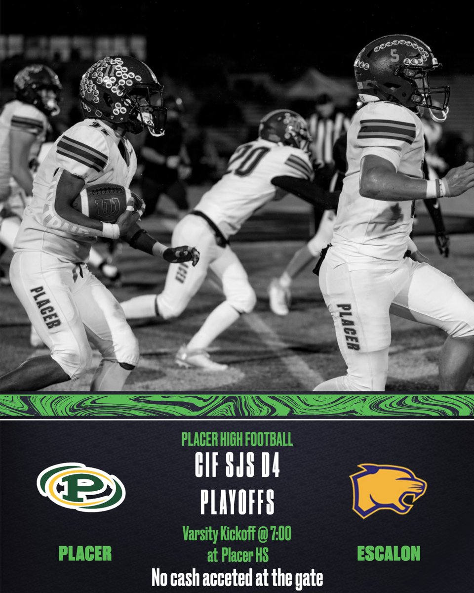 Playoff Football! Placer v Escalon Fri. 11/15! tickets available at : gofan.co/event/2230386?…
NO CASH WILL BE ACCEPTED AT THE GATE!