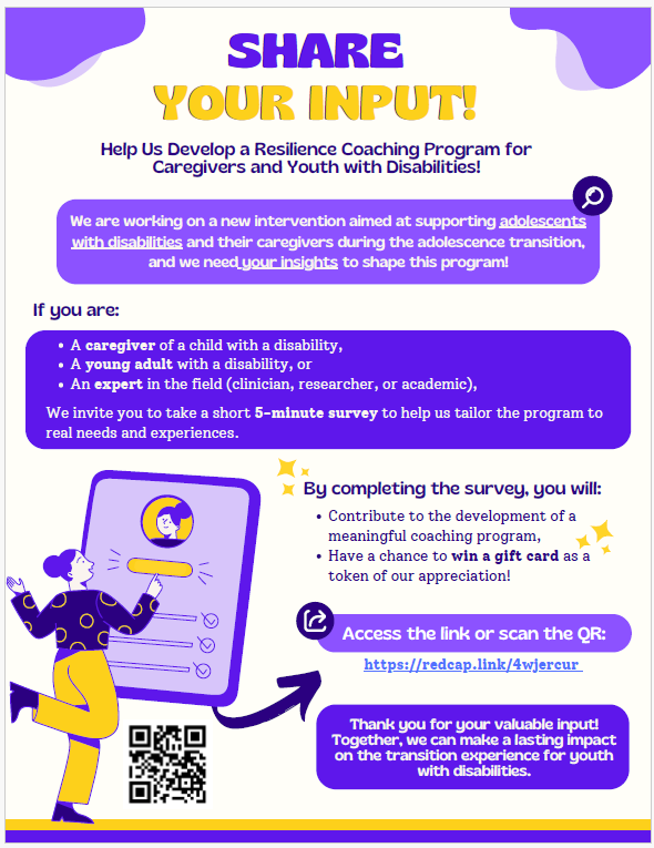 Hello everyne, please share your opinion in a short survey we are conducting about a coaching program for teens with disabilities and their caregivers and run a chance to win a monetary prize!
redcap.link/4wjercur