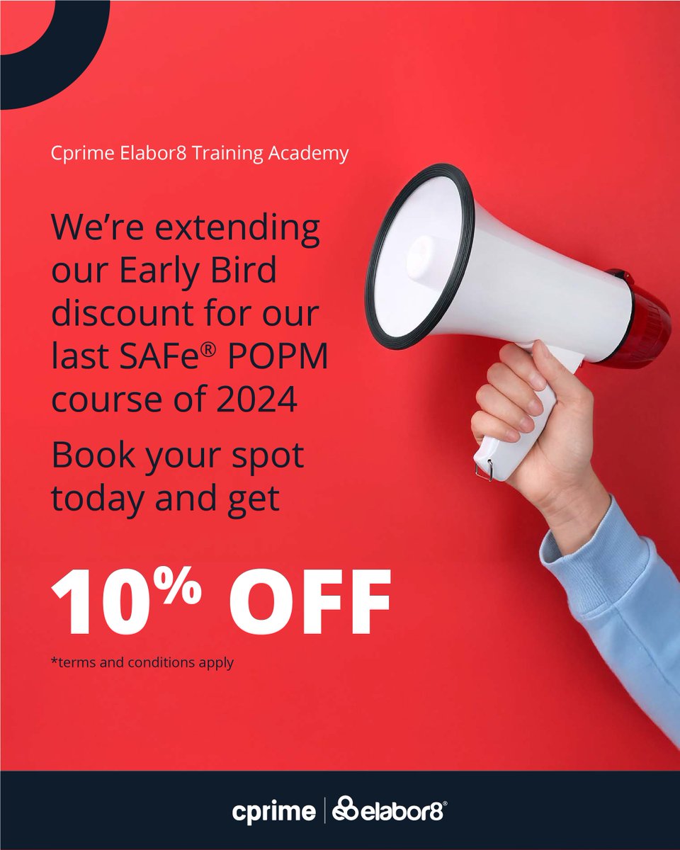 We’ve extended our Early Bird discount for the final 2024 SAFe® Product Owner/Product Manager course! 📅 9-12 Dec, 8:30 AM - 1:00 PM AEDT. Use code E8-POPM-EB for 10% off. 🔗Book now: bit.ly/3O66HPr
#CprimeElabor8Academy #SAFe