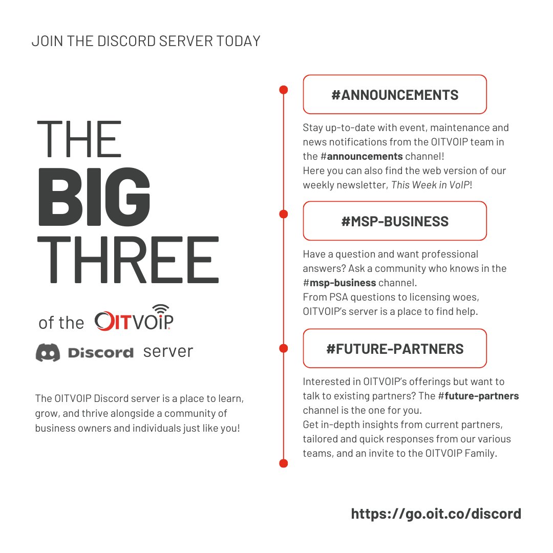 Join our OITVOIP Discord community to connect with other MSPs, get tips from industry experts, and discover how our features and integrations can transform your VoIP experience. Our community is ready to help you get the most out of OITVOIP—come say hi! hubs.ly/Q02X-_mg0