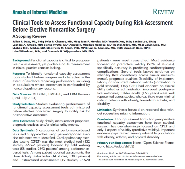 Annals of Int Med (@annalsofim) on Twitter photo A review of studies evaluating functional capacity assessment tools used before elective non-cardiac surgery found that prior research has focused mainly on predictive validity of these tests. bit.ly/3YF3MlM <a href="/PinnaclePeriop/">PINNACLE Group</a> <a href="/UnityHealthTO/">Unity Health Toronto</a> <a href="/UofTanesthesia/">Department of Anesthesiology & Pain Medicine</a> <a href="/juliandaza01/">Julian Daza, MD PhD</a> A review of studies evaluating functional capacity assessment tools used before elective non-cardiac surgery found that prior research has focused mainly on predictive validity of these tests. bit.ly/3YF3MlM <a href="/PinnaclePeriop/">PINNACLE Group</a> <a href="/UnityHealthTO/">Unity Health Toronto</a> <a href="/UofTanesthesia/">Department of Anesthesiology & Pain Medicine</a> <a href="/juliandaza01/">Julian Daza, MD PhD</a>