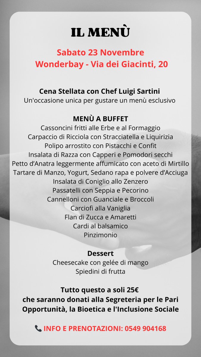 SPORT E SOLIDARIETA’ AL FEMMINILE - Sabato 23 novembre 2024
Serata di beneficenza conto la violenza sulle donne.
Al Wonderbay di San Marino un pomeriggio dedicato allo sport ed al divertimento ed una serata all'insegna del "cibo stellato" a cura dello Chef Luigi Sartini