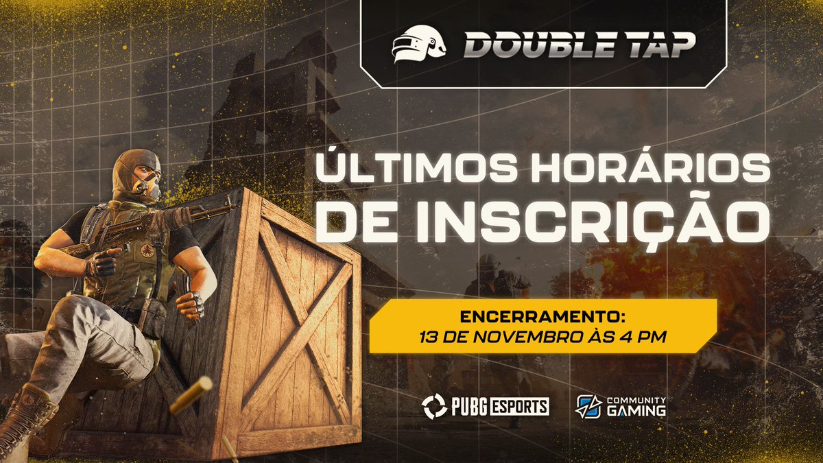 🇧🇷 PUBG DOUBLE TAP #8 🇧🇷

Últimas horas para se inscrever e fazer o check-in! 🚨

Você tem até as 16h do dia 13/11 para registrar sua equipe e confirmar a participação ⚠️

Horário de início do torneio ⬇️
📅 13/11
🕜 20h