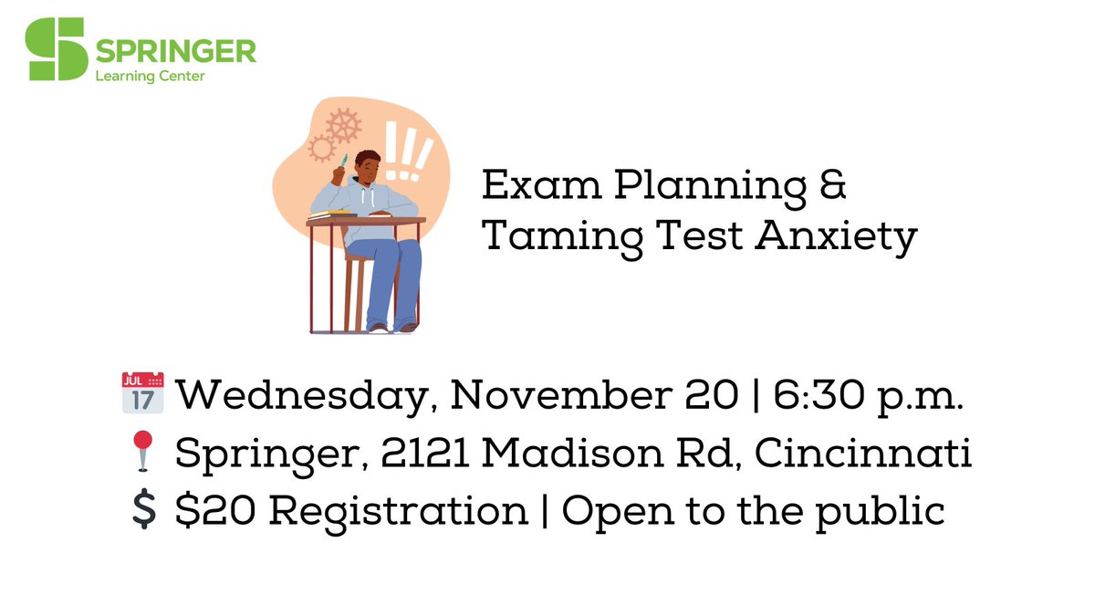 Tackle exams with confidence! 📚 Join us for Exam Planning &amp; Taming Test Anxiety to learn stress-busting, research-based study strategies. Perfect for high school &amp; college students, parents, and educators!  square.link/u/rCamNdEp #SpringerSchoolAndCenter