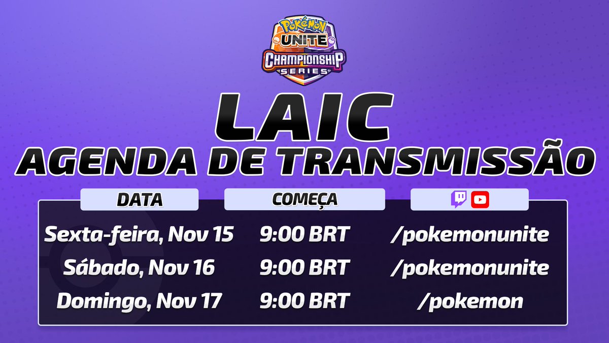 O LAIC começa na sexta-feira, incluindo as primeiras Finais de #UNITEesports a serem realizadas no domingo! 

Acompanhe às 9:00 BRT, mas fique atento: a transmissão de domingo será em um canal diferente! 🚨

📺: twitch.tv/pokemonunite
📺: twitch.tv/pokemon