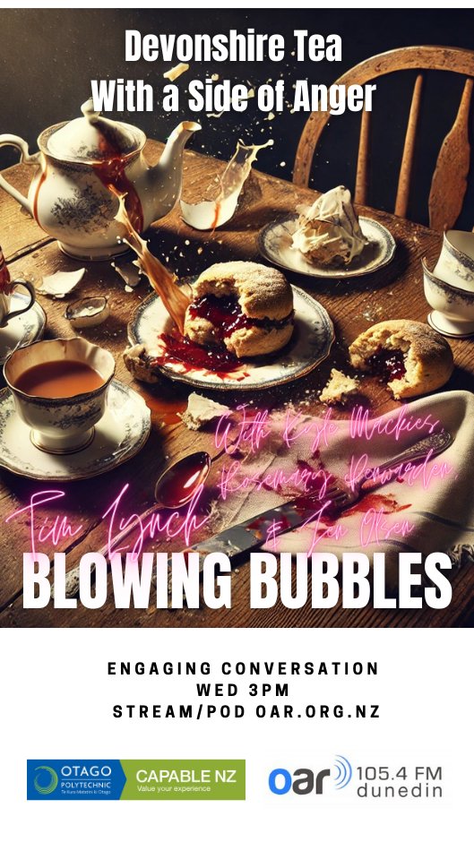 samuelmann's tweet image. Tim Lynch brings us a three-week Blowing Bubbles special on the role of anger in making a difference. With Kyle Mackies, Rosemary Penwarden and Jen Olsen. @OarFM #OtagoPolytechnic #SustainableLens
