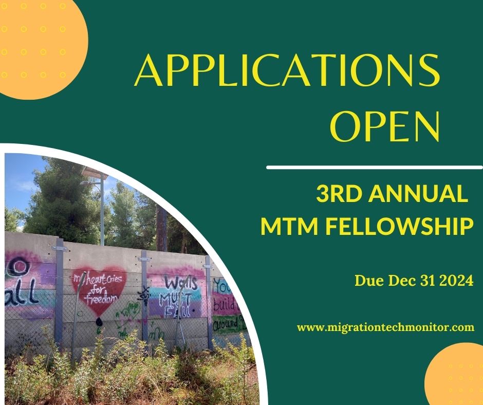 🚨 Our THIRD Fellowship is OPEN FOR APPLICATIONS! Are you a person-on-the-move or currently living under occupation and interested in #bordertech? 

Learn more here and join our community! We look forward to hearing from you! Due by Dec 31st 2024 migrationtechmonitor.com/aboutmtmfellow…